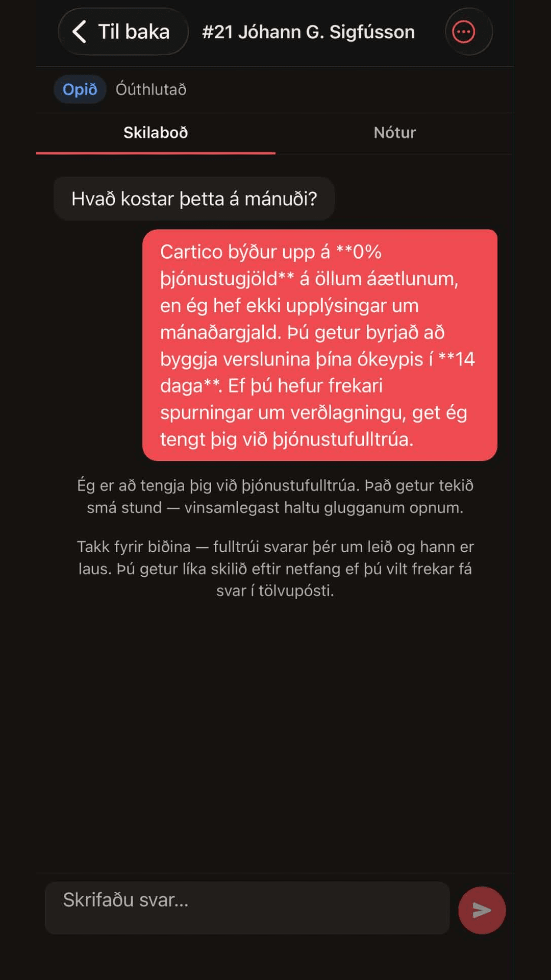 Netspjall í Spjallbox appinu — gervigreindin svarar og vísar á þjónustufulltrúa