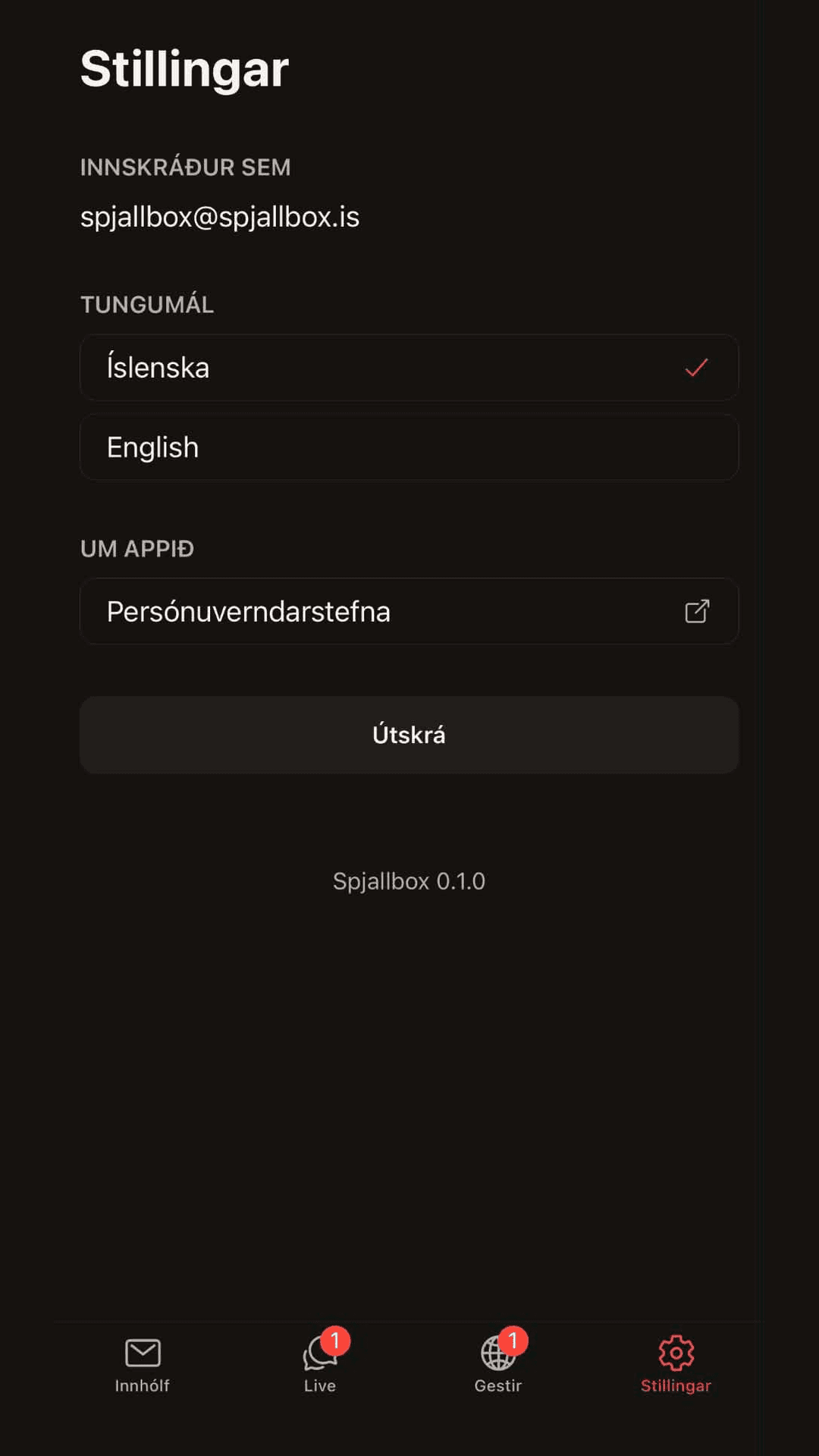Stillingar í Spjallbox appinu — íslenska og enska